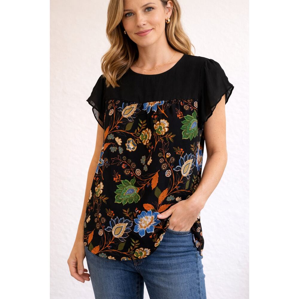 Daniel Rainn Womens Blouse Medium Black Floral Short Sleeve Chiffon